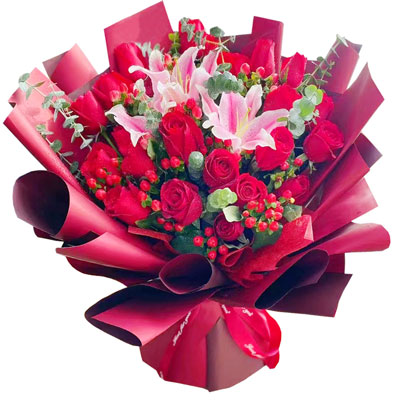 贺州22朵红玫瑰百合，爱的火焰